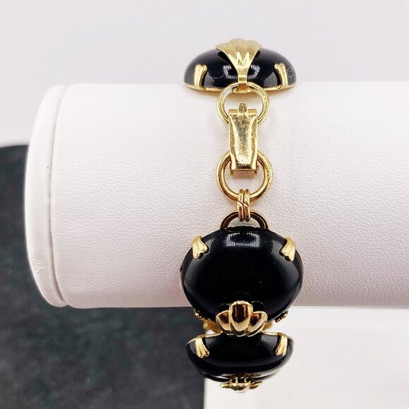 VINTAGE Black plastic and gold toned metal domed disk bracelet 1950s 1960s goth - Picture 10 of 11